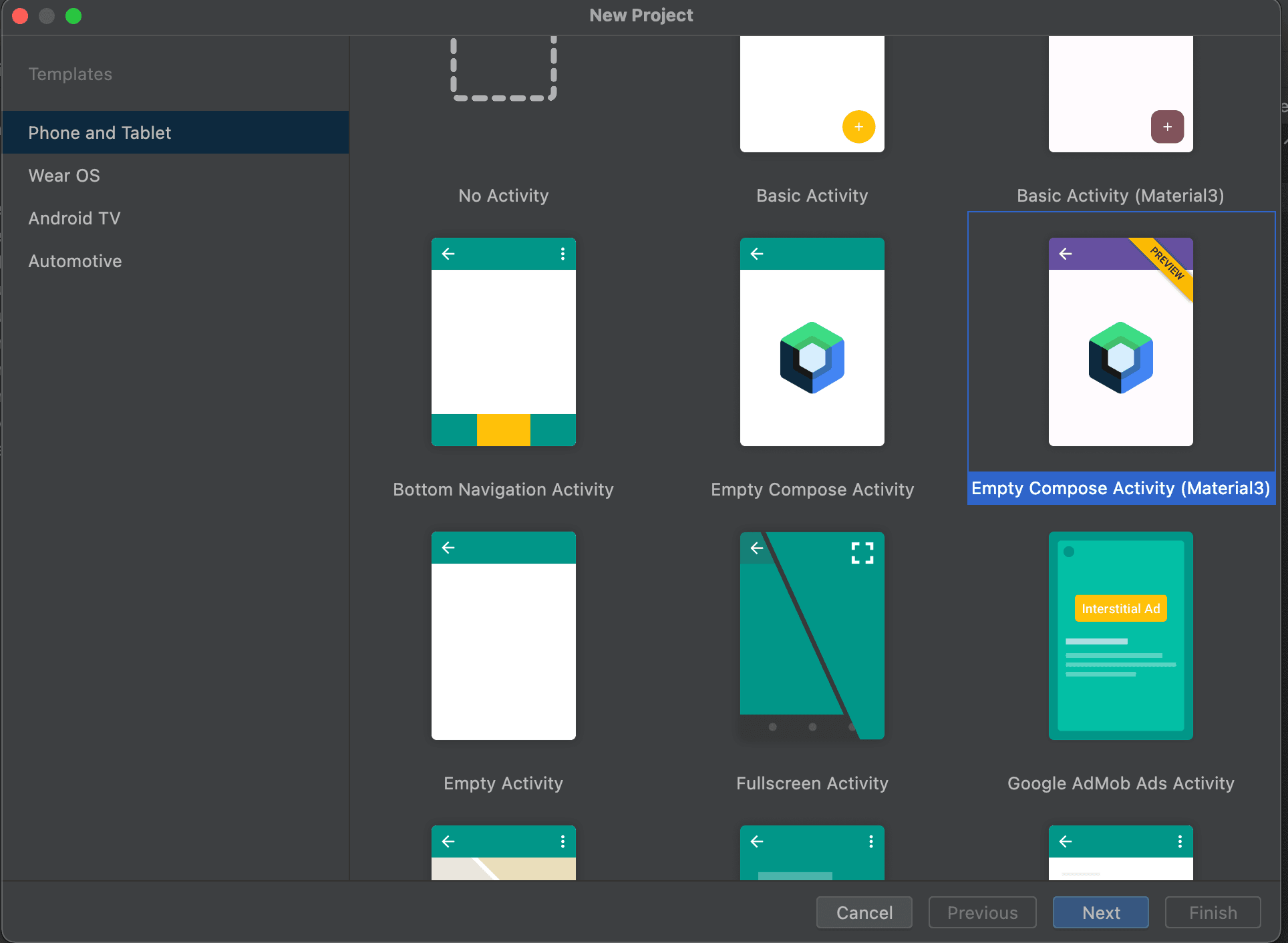 Android Studio new project