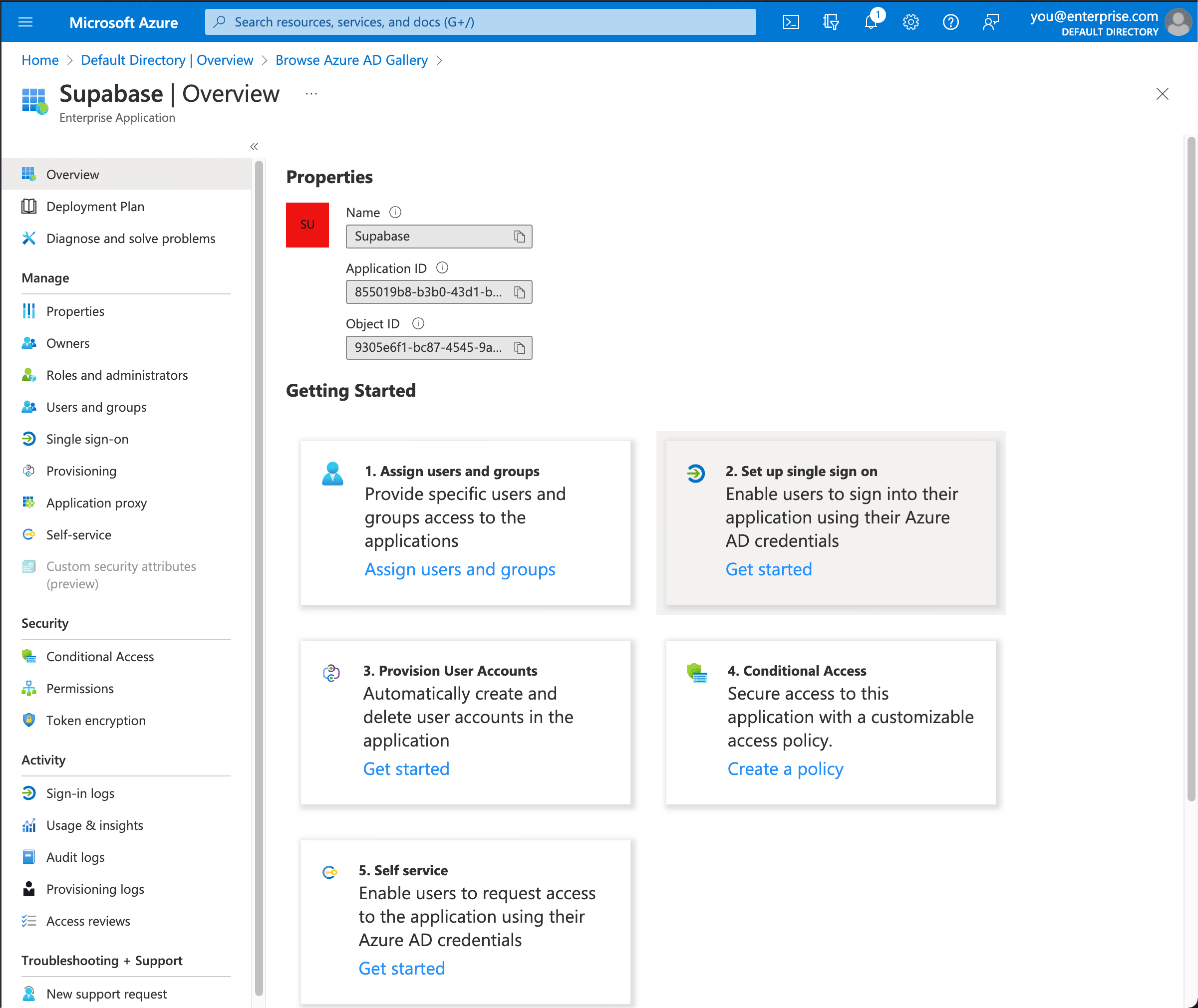 Azure AD console: Supabase custom enterprise application, selected Set up
single sign-on